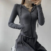 Fall Crop Hooded Cardigan Y2K Korean Slim Solid Zipper Long Sleeve Coats Harajuku Streetwear Sports Cardigan Tops